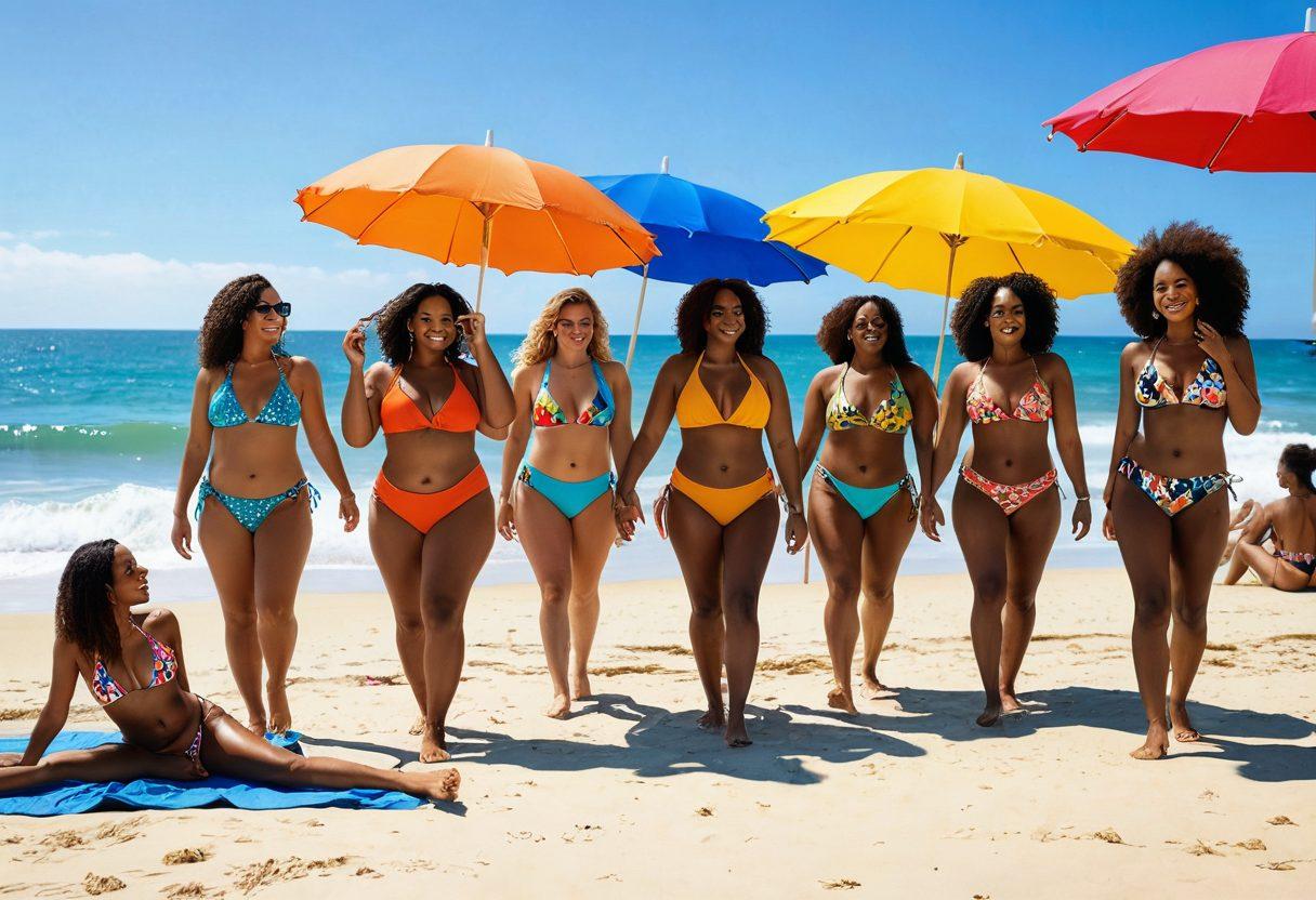 A vibrant beach scene featuring diverse individuals confidently enjoying the sun in various bikini styles, showcasing body positivity. Include a mix of body types, ethnicities, and ages, all radiating joy and self-assurance. Background with gentle waves, golden sands, and colorful beach umbrellas to enhance the uplifting atmosphere. Bright, sunny colors with an emphasis on warmth and friendship. super-realistic. vibrant colors. cheerful atmosphere.