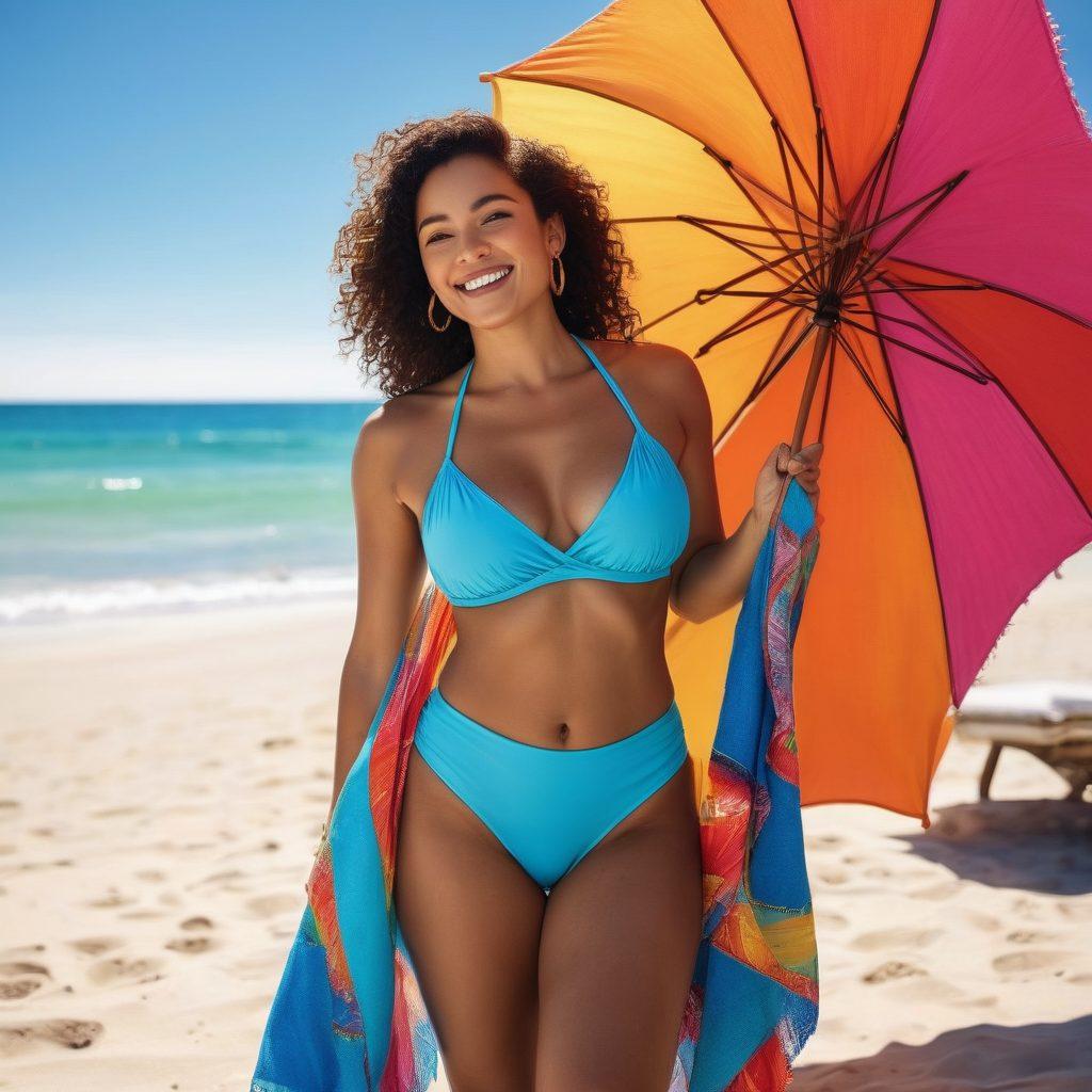 A confident woman of diverse descent joyfully posing in a stylish bikini at a sunlit beach, surrounded by colorful beach accessories like towels and umbrellas. Emphasize her radiant smile and strong posture that reflect body confidence, with gentle ocean waves lapping at her feet. Include elements of vibrant summer colors and a serene blue sky. super-realistic. vibrant colors. beach scene.